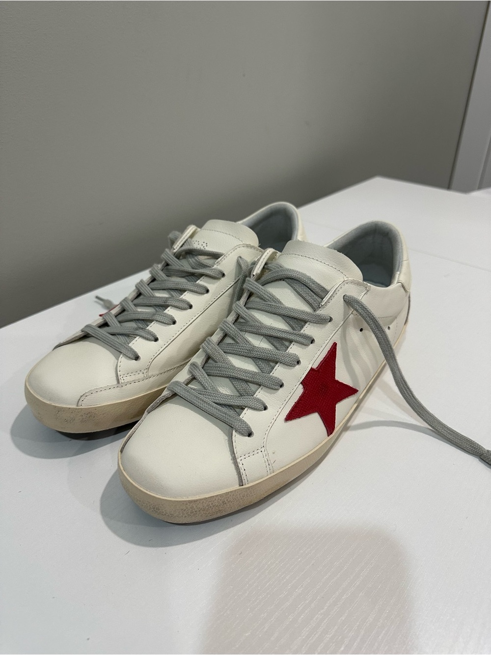 Golden Goose White Leather Low-Top Sneakers with Red Star Accent